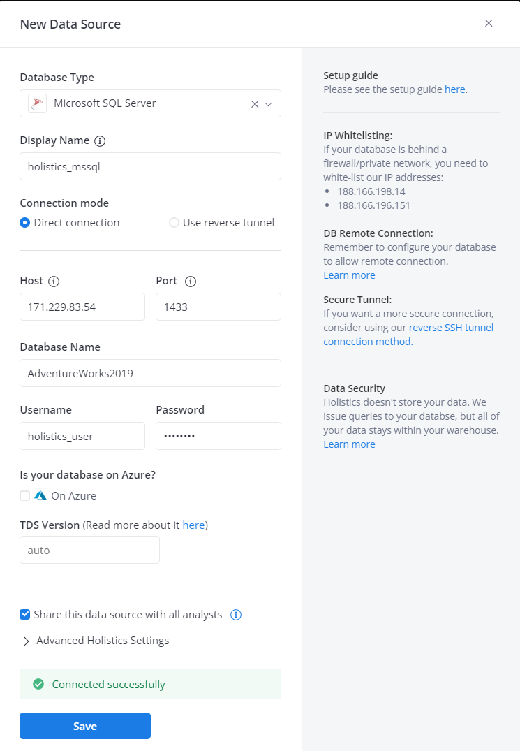 Connect MS SQL Server to Holistics as a data source