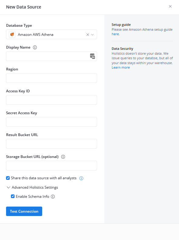 AWS Athena data source connection form showing credentials and S3 bucket settings
