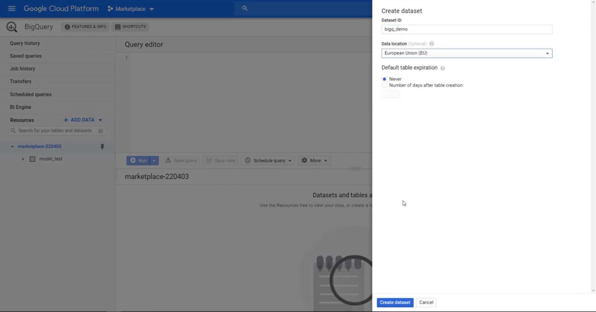 Create a new BigQuery instance and setup a dataset.