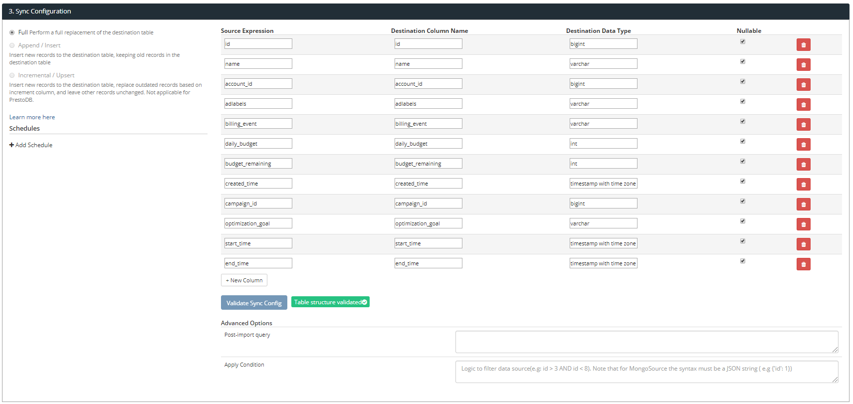 Data imports sync configurations