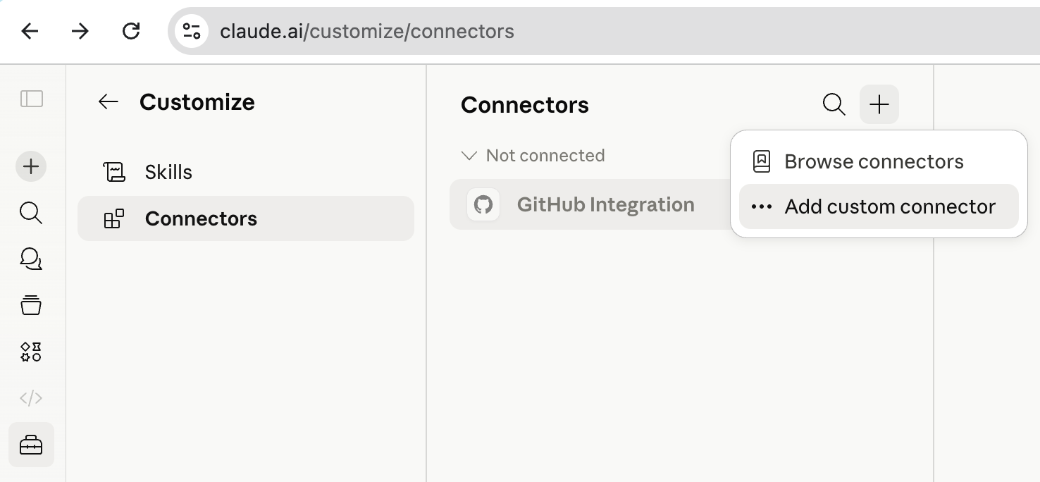 Add custom connector button in Claude.ai settings
